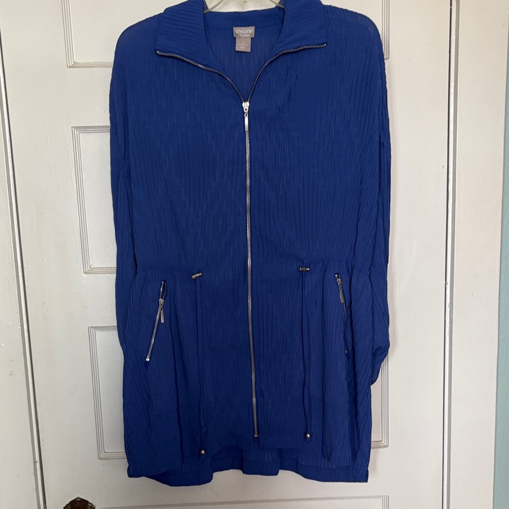 Chico's Travelers Vibrant Cobalt Blue Textured Drawstring Jacket Size 2 (US 12)